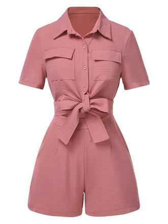 2PCS 1940er Solide Binden Top & Hohe-Taille Shorts