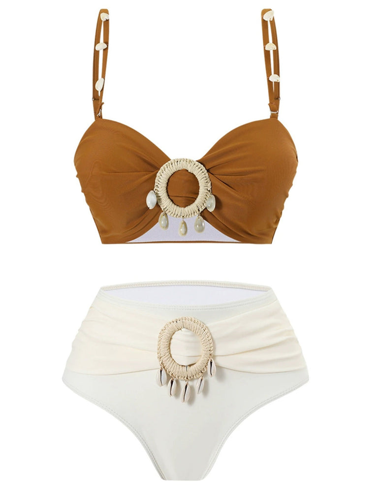 Braun 1940er Farbblock Boho Hülse Bikini Set