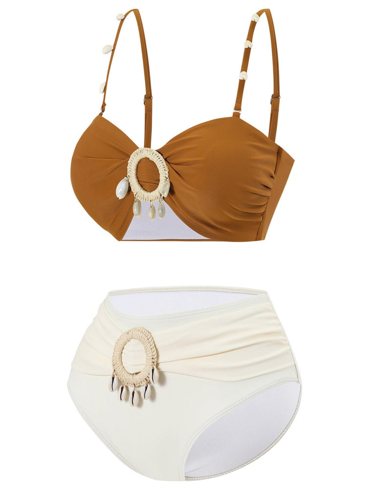 Braun 1940er Farbblock Boho Hülse Bikini Set
