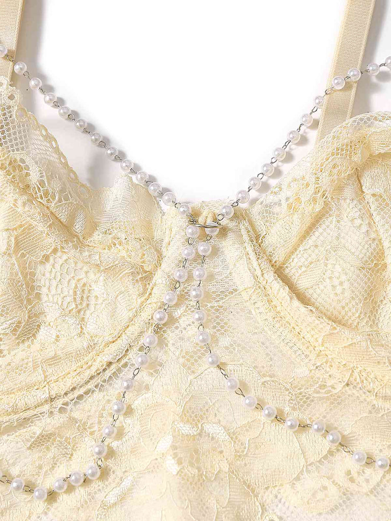 1940er Perle Kette Blumen Spitze Crop Camisole