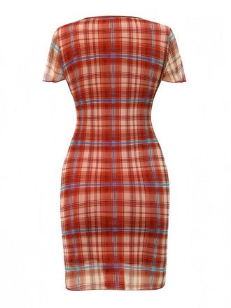 Rot 1960er V-Ausschnitt Bogen Plaid Bleistift Kleid