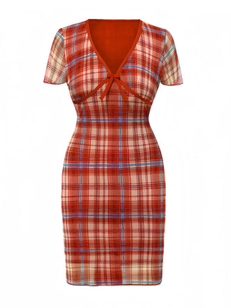 Rot 1960er V-Ausschnitt Bogen Plaid Bleistift Kleid