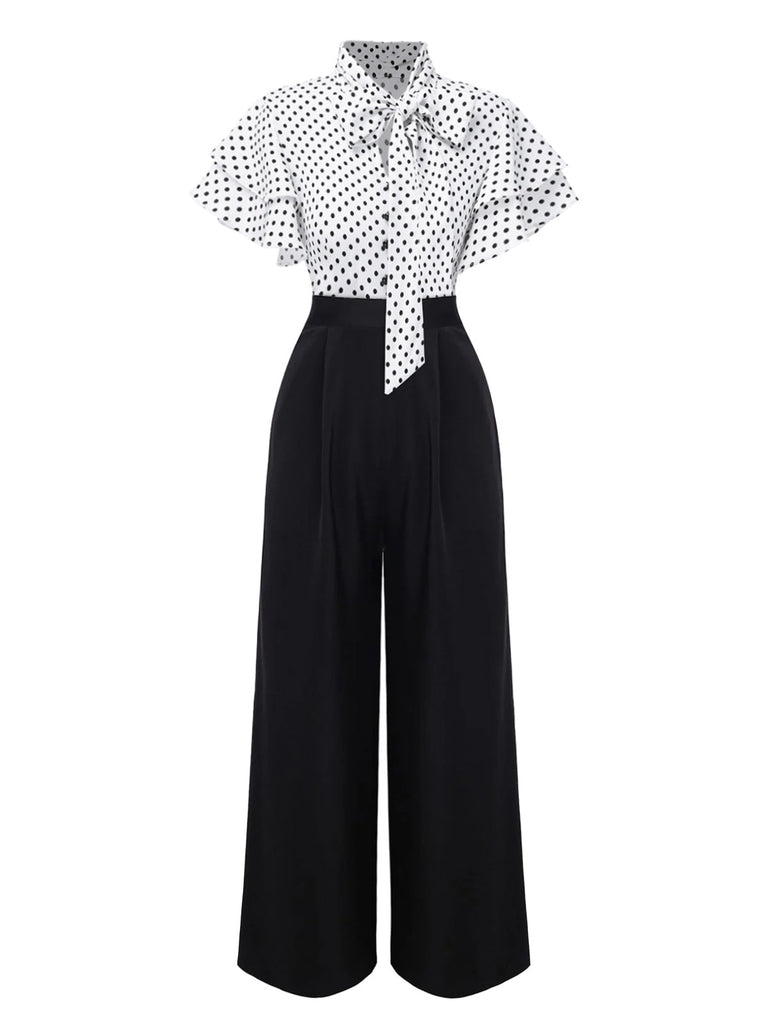 [Vorverkauf] Schwarz 1930er Polka Dots Krawattenhals Jumpsuit