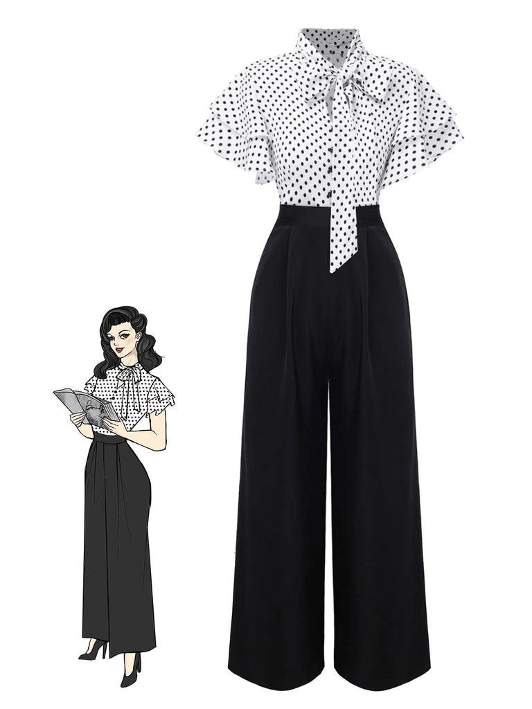 [Vorverkauf] Schwarz 1930er Polka Dots Krawattenhals Jumpsuit