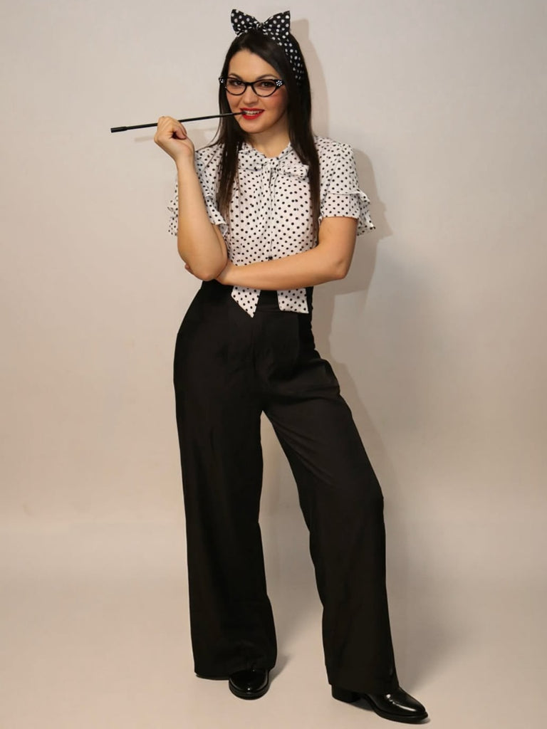 Schwarz 1930er Polka Dots Krawattenhals Jumpsuit