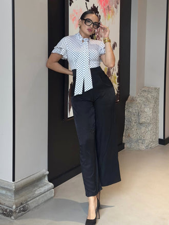 Schwarz 1930er Polka Dots Krawattenhals Jumpsuit