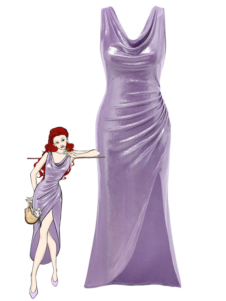 [Vorverkauf] Lavendel 1960er Wasserfallausschnitt Hoher-Schlitz Perlglanz Kleid