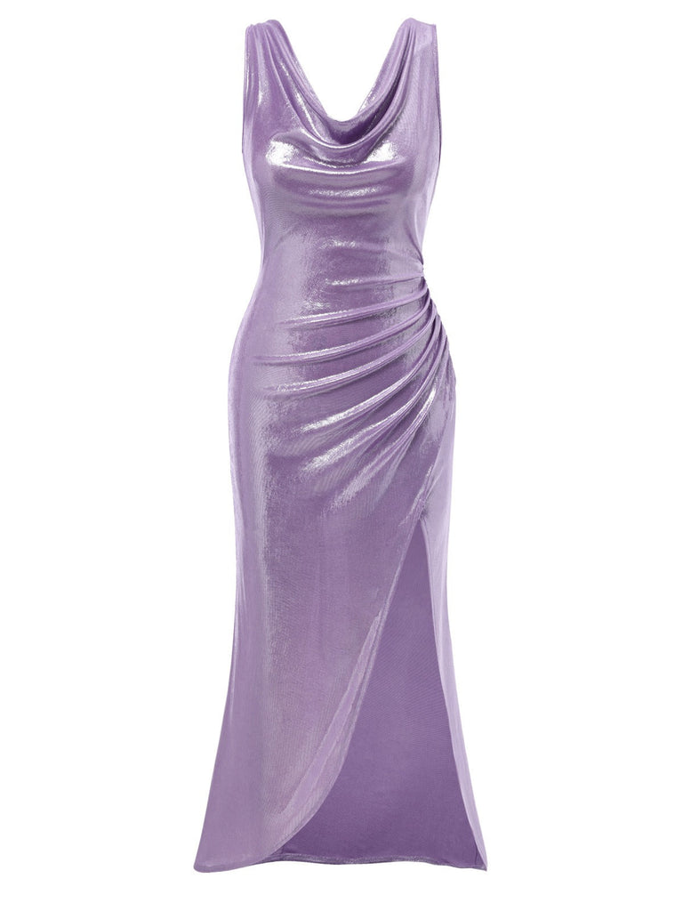 [Vorverkauf] Lavendel 1960er Wasserfallausschnitt Hoher-Schlitz Perlglanz Kleid