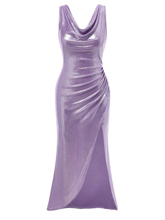 Lavendel 1960er Wasserfallausschnitt Hoher-Schlitz Perlglanz Kleid