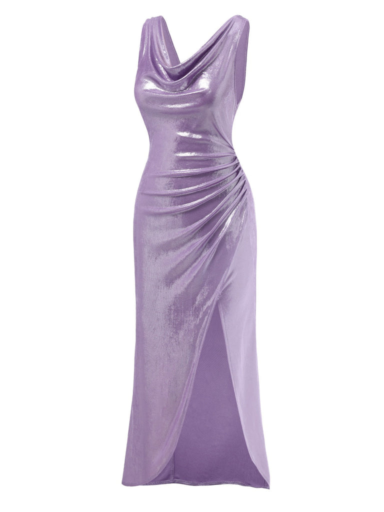 [Vorverkauf] Lavendel 1960er Wasserfallausschnitt Hoher-Schlitz Perlglanz Kleid