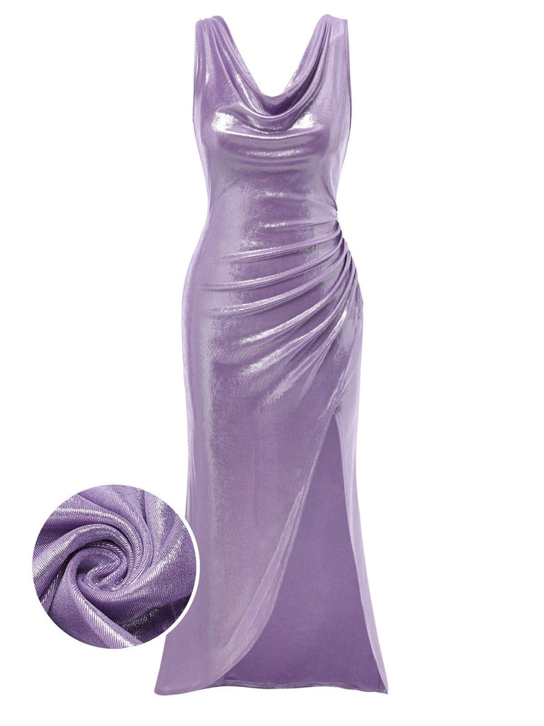 [Vorverkauf] Lavendel 1960er Wasserfallausschnitt Hoher-Schlitz Perlglanz Kleid