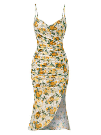 Gelb 1930er Roses Wasserfallausschnitt Fischschwanz Gerüschtes Kleid