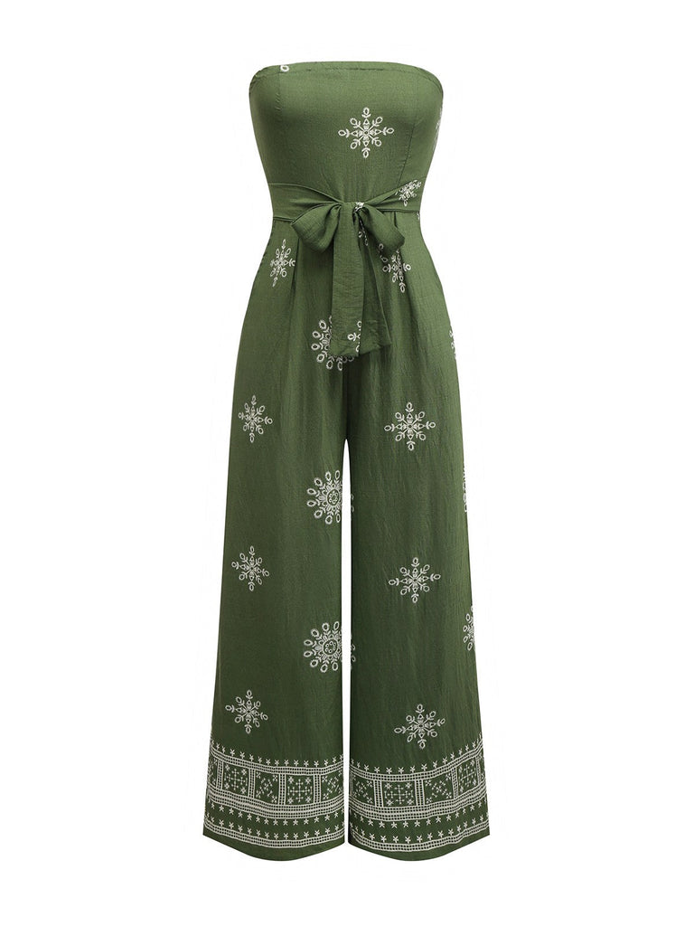 Grün 1970er Weites Bein Bohemien Bandeau Jumpsuit