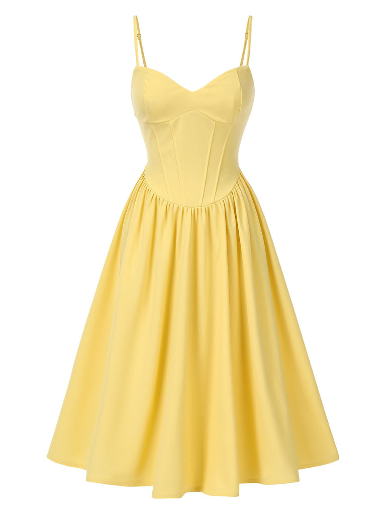 Gelb 1940er Solide Korset Spaghetti Träger Kleid