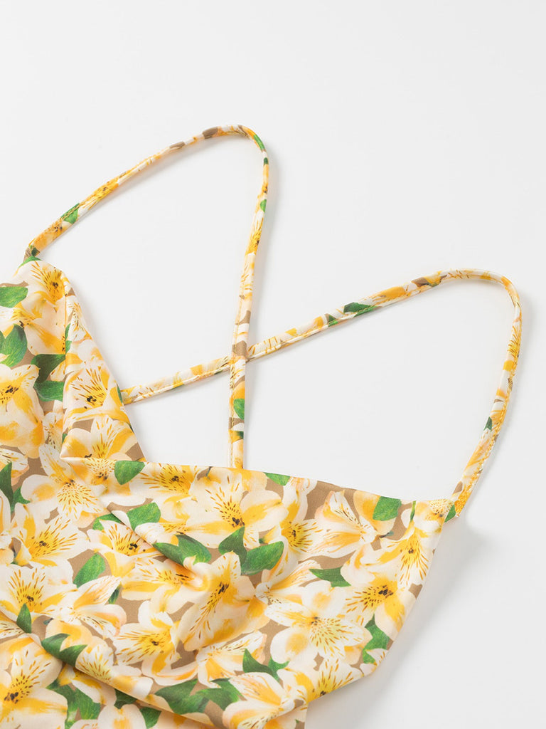 Gelb 1960er Zurück Schnürung Gerüscht Blumen Kleid