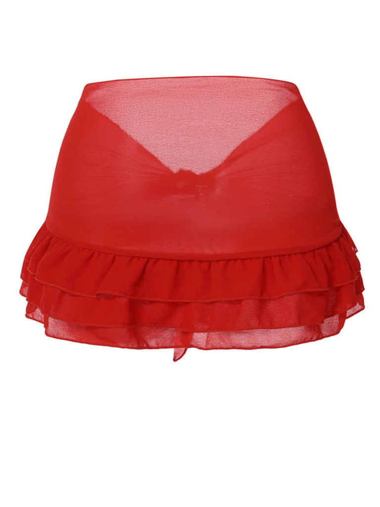 [Vorverkauf] [Übergröße] Rot 1960er Chiffon Rüschen Rock Cover-Up