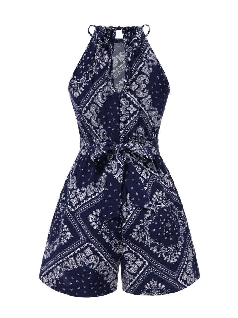 [Vorverkauf] Dunkelblau 1940er Paisley Kordelzug Romper