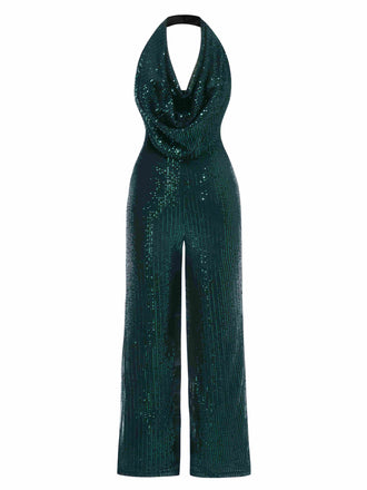 1930er Solide Wasserfallausschnitt Halfter Pailletten Jumpsuit