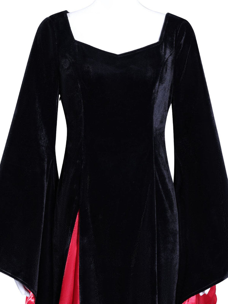 1930er Morticia Addams Samt Glockenärmel Kleid
