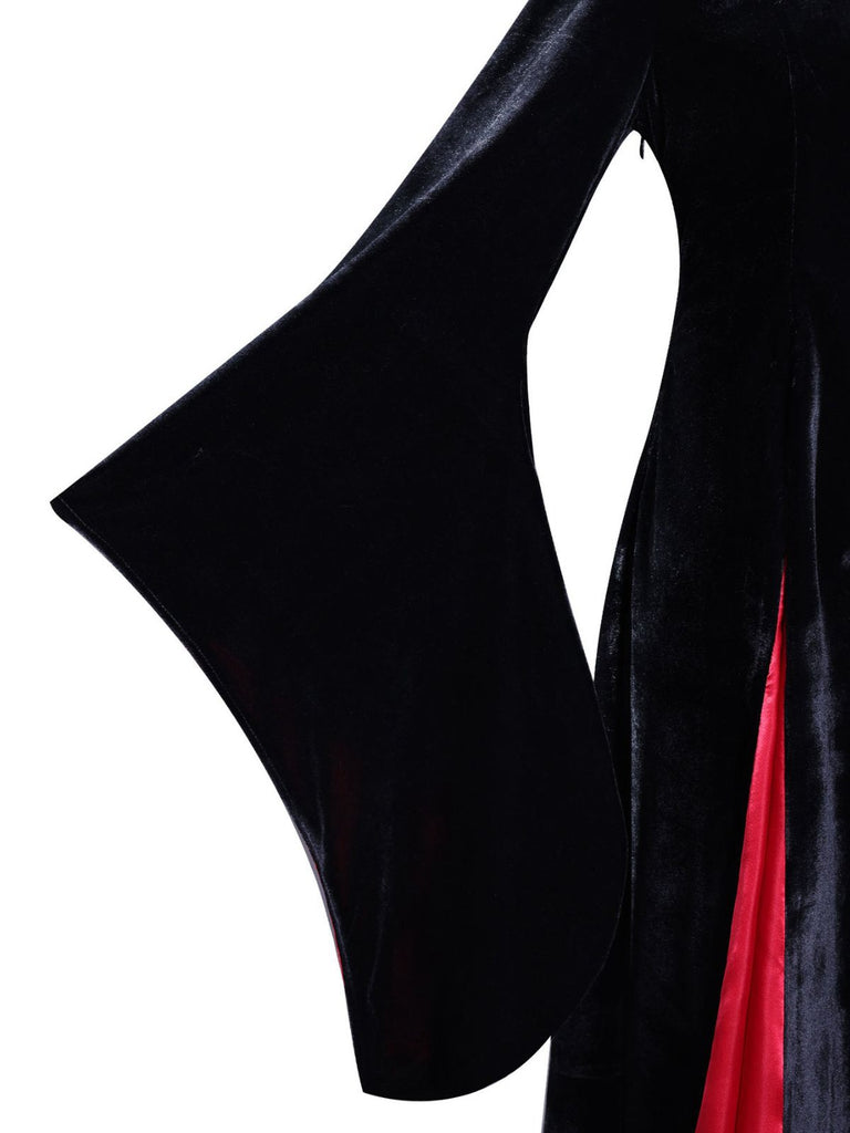 1930er Morticia Addams Samt Glockenärmel Kleid