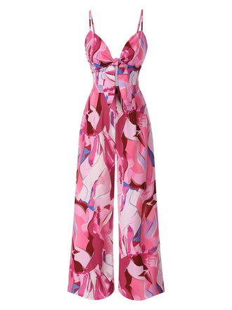 Rosa 1970er Gurt Psychedelischer Druck Front-Tie Jumpsuit
