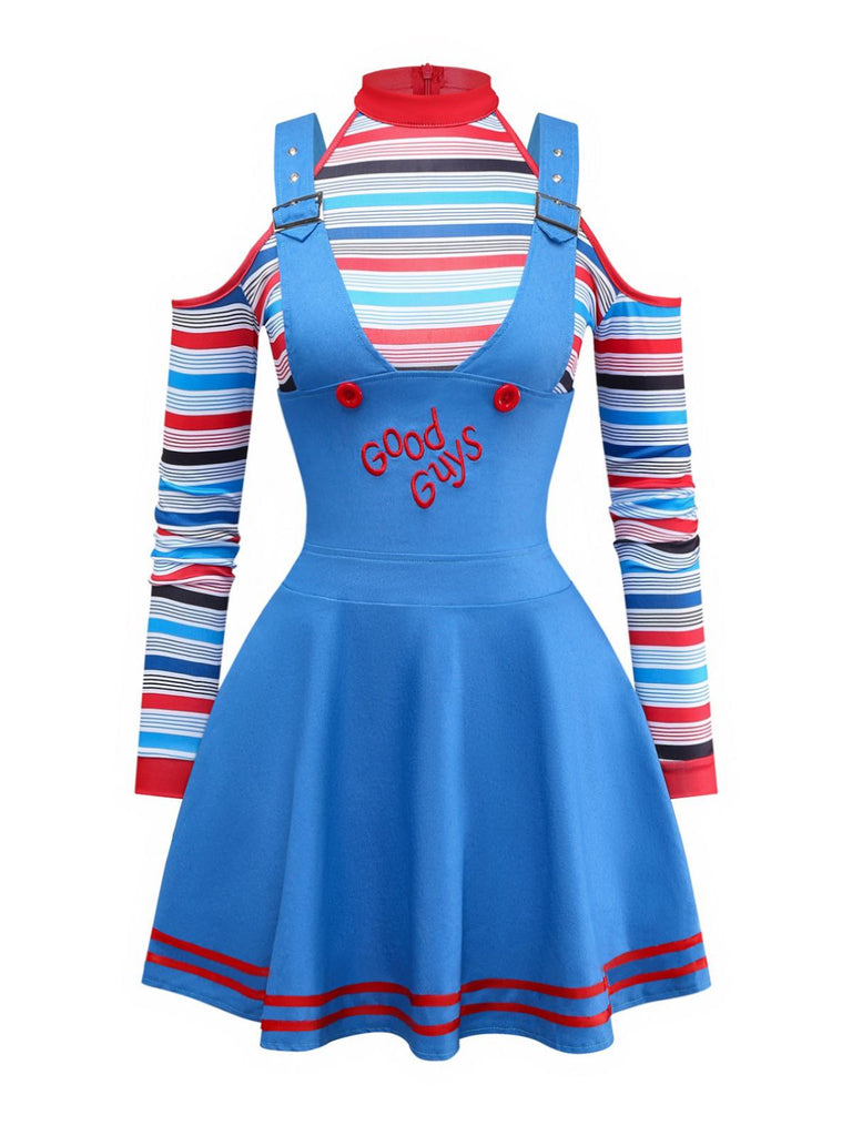 2PCS Blau 1960er Halloween Chucky Kostüm Streifen Top & Breite Träger Kleid