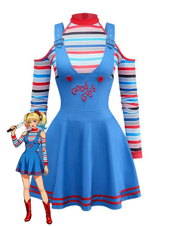 2PCS Blau 1960er Halloween Chucky Kostüm Streifen Top & Breite Träger Kleid