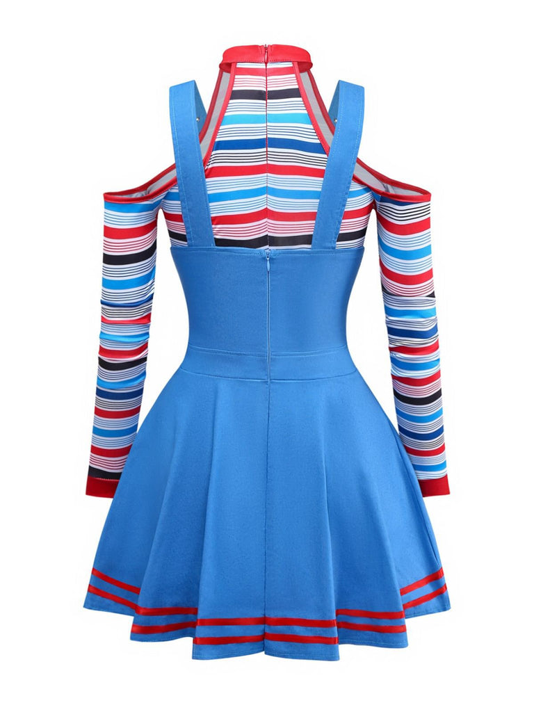 2PCS Blau 1960er Halloween Chucky Kostüm Streifen Top & Breite Träger Kleid