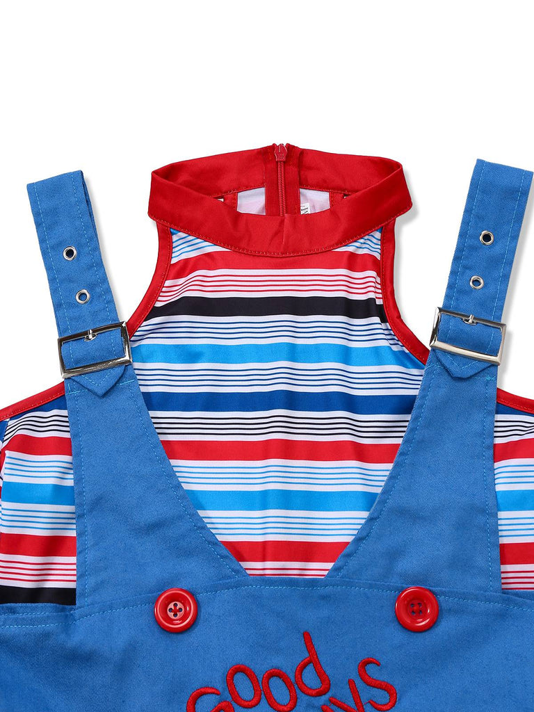 2PCS Blau 1960er Halloween Chucky Kostüm Streifen Top & Breite Träger Kleid