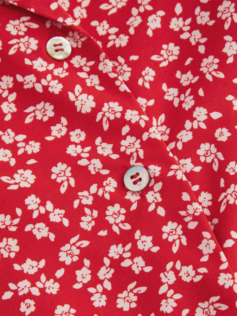 Rot 1950er Kleine Blumen Revers Bogen Top