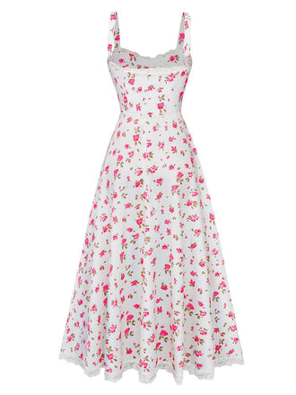 Rosa 1940er Rose Träger Spitze Patchwork Kleid