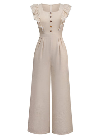 Beige 1950er Solide Rüschen Flügelärmel Jumpsuit