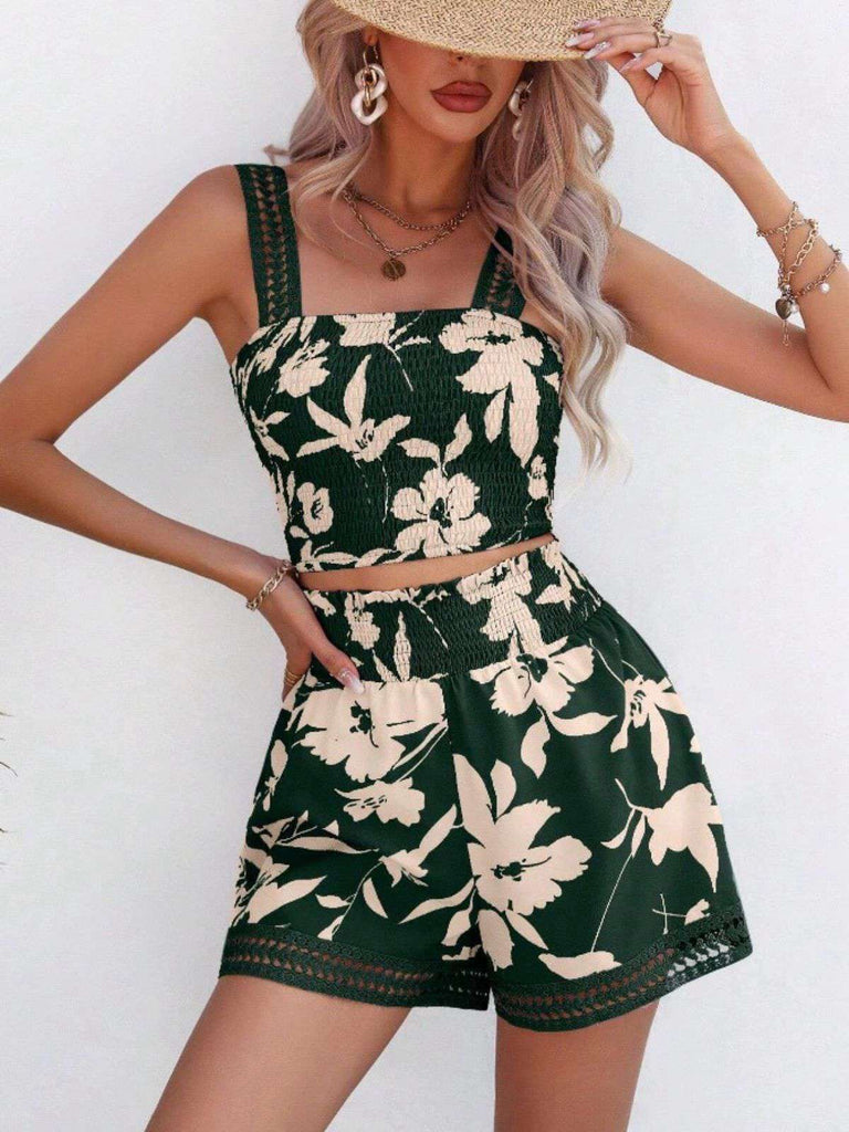 2PCS 1960er Blumen Gesmokt Breite Träger Leibchen & Shorts