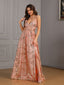 Rosa 1930er Pailletten Blumen Netz Hoher Schlitz Kleid
