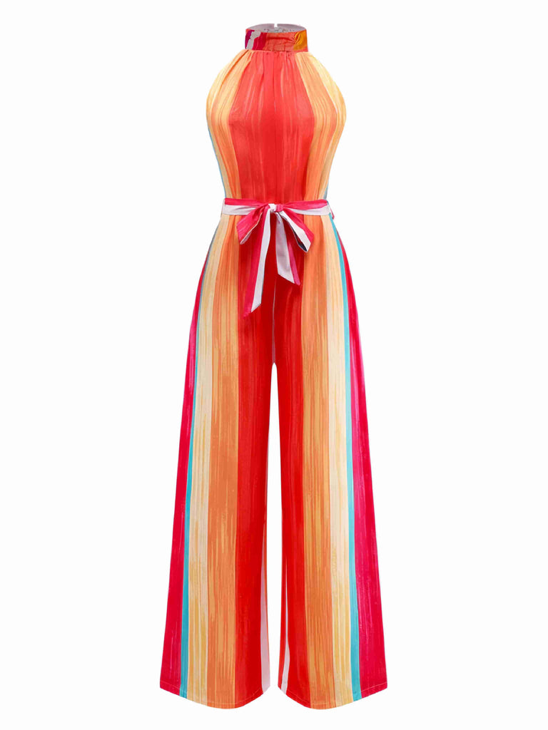 Multicolor 1960er Runden Halter Gürtel Streifen Jumpsuit