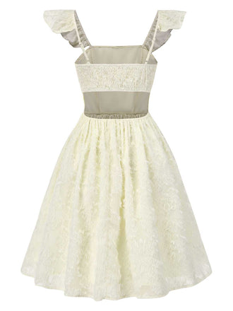 Beige 1950er Gurt Quadratischer Hals Rückenfrei Kleid