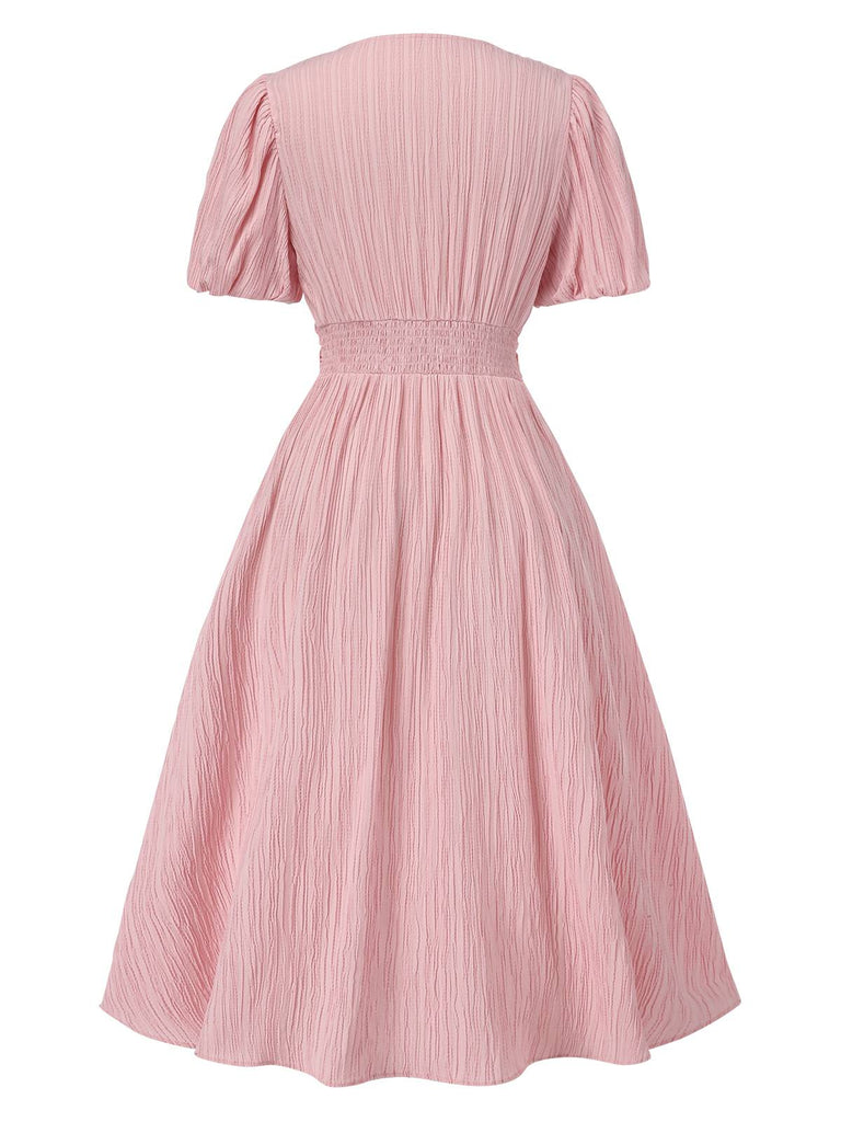 Rosa 1950er Nadelstreifen V-Ausschnitt Puffärmel Gerüschtes Kleid