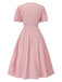 Rosa 1950er Nadelstreifen V-Ausschnitt Puffärmel Gerüschtes Kleid