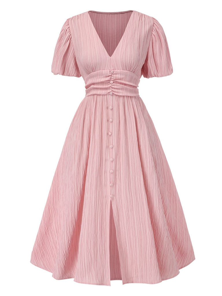 Rosa 1950er Nadelstreifen V-Ausschnitt Puffärmel Gerüschtes Kleid