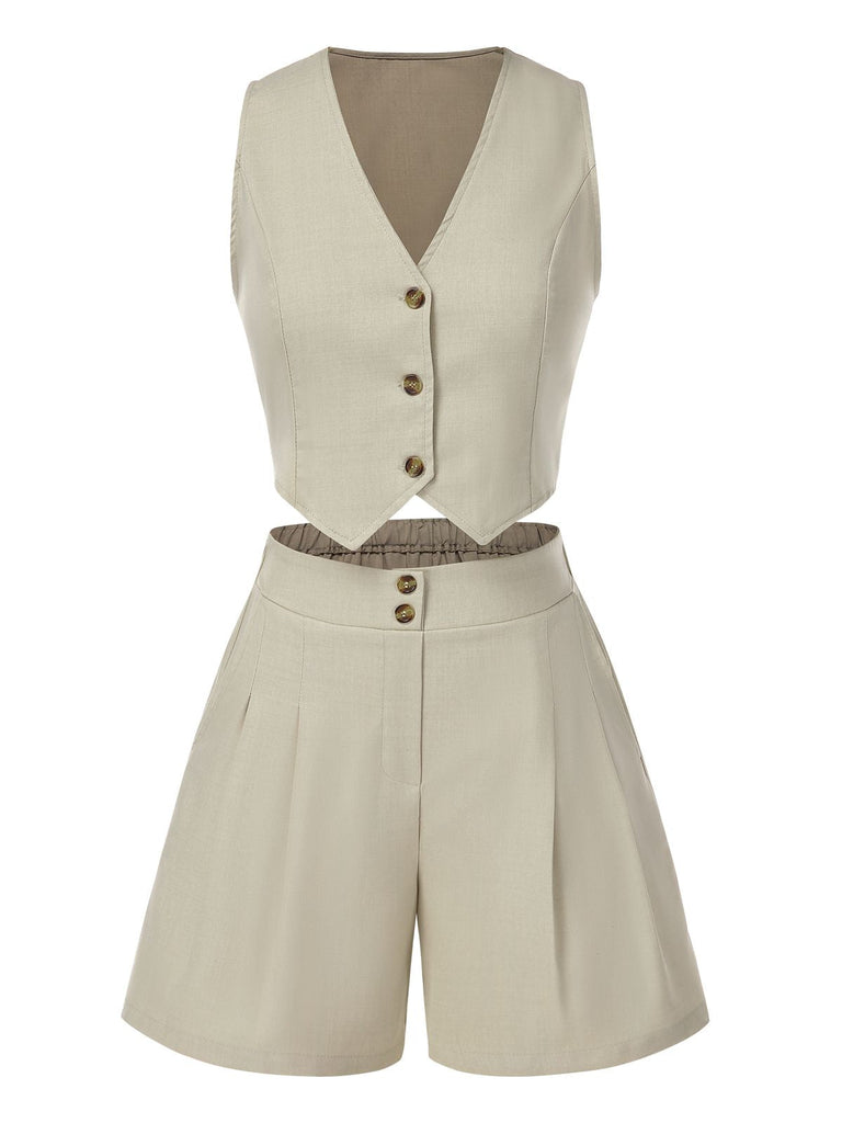 2PCS Helles Khaki 1950er Solide V-Ausschnitt Weste & Shorts