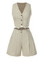 2PCS Helles Khaki 1950er Solide V-Ausschnitt Weste & Shorts