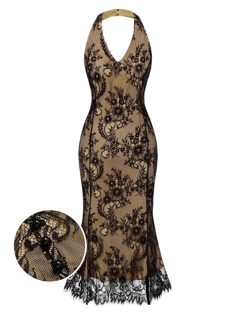 [Vorverkauf] Schwarz 1930er Spitze Gestickt Halfter Rückenfrei Fischschwanzkleid