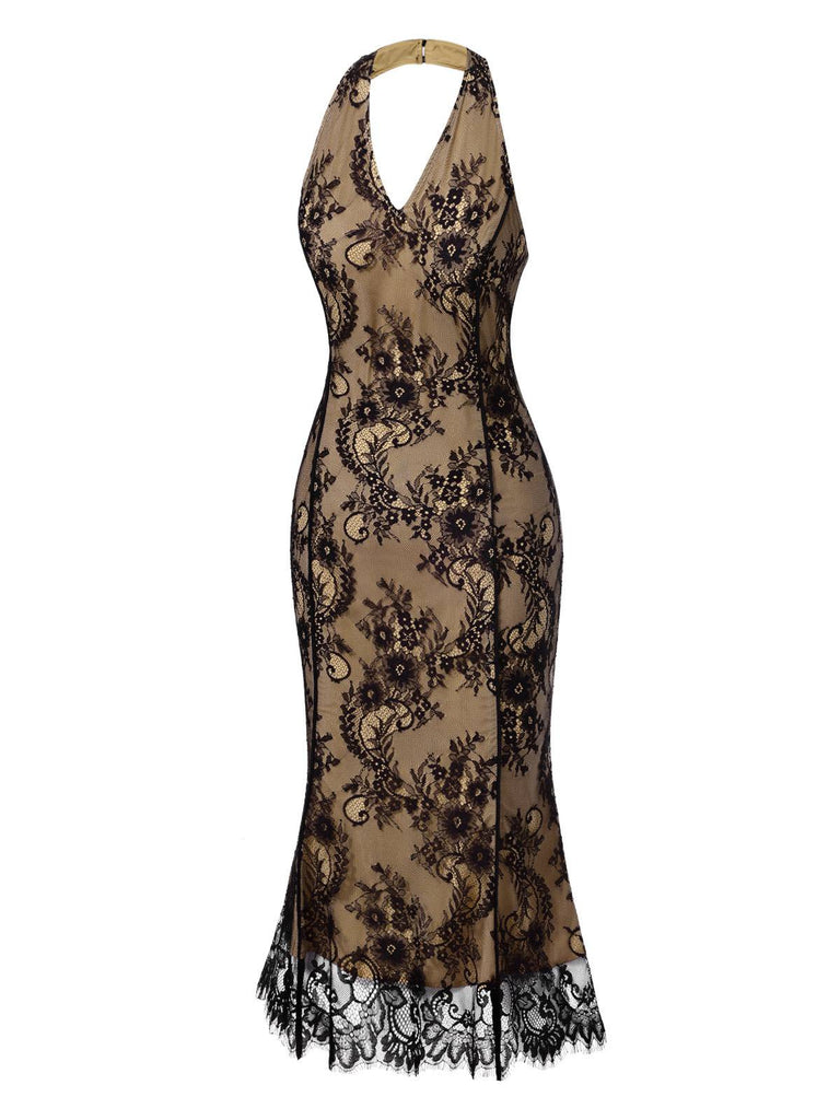 [Vorverkauf] Schwarz 1930er Spitze Gestickt Halfter Rückenfrei Fischschwanzkleid