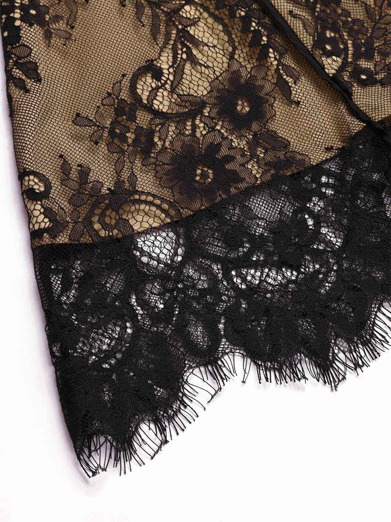 [Vorverkauf] Schwarz 1930er Spitze Gestickt Halfter Rückenfrei Fischschwanzkleid