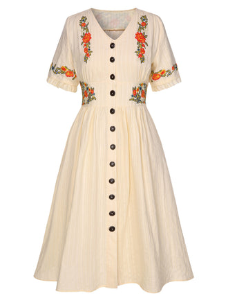 [Übergröße] Reine Baumwolle Beige 1940er V-Ausschnitt Blumen Kleid