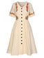 [Vorverkauf] [Übergröße] Reine Baumwolle Beige 1940er V-Ausschnitt Blumen Kleid