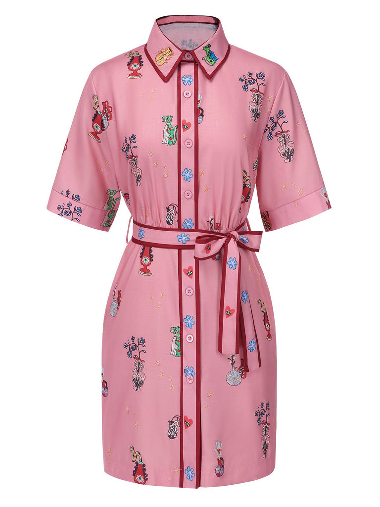 Rosa 1960er Blumen Drucken Revers Gürtel Kleid