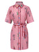 Rosa 1960er Blumen Drucken Revers Gürtel Kleid