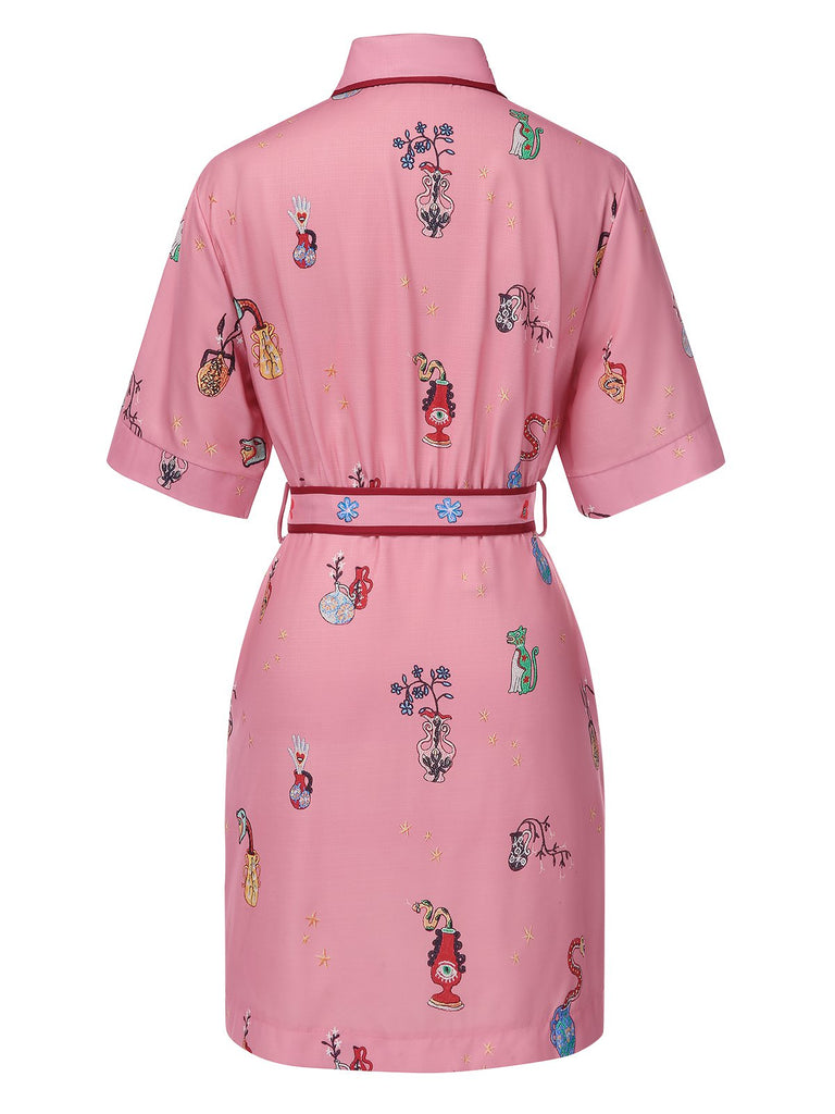 Rosa 1960er Blumen Drucken Revers Gürtel Kleid