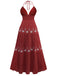 1930er Besticktes Blumen Tief V-Ausschnitt Texturiert Kleid